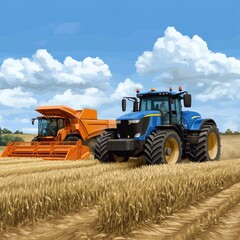 Obraz premium tractors harvest a golden wheat field under a clear blue sky, showcasing agricultural efficiency and labor