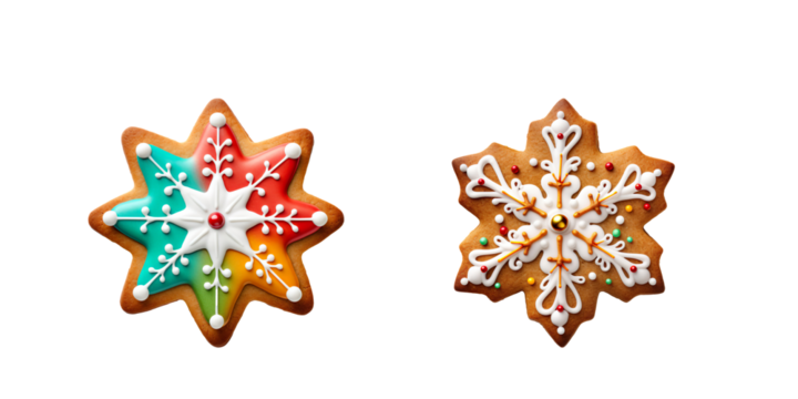  colorful chistmas cookies ,Gingerbread christmas snowflake star santa man tree cookie biscuit on a transparent background
