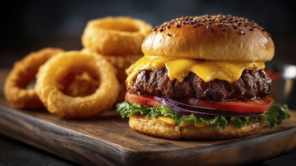 Juicy grilled beef patty, melted cheddar, crisp lettuce, tomato, onion on a sesame seed bun - appetizing white grilled