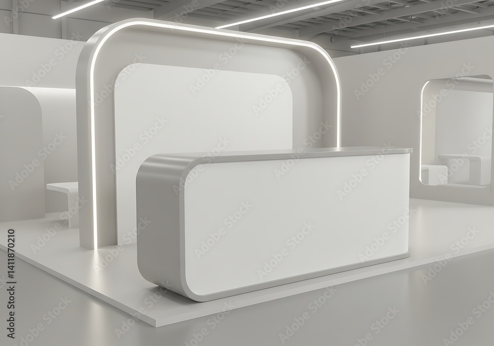 Poster modern minimalist reception desk design with illuminated architectural form