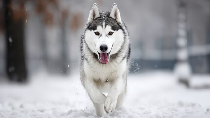 Naklejka premium Single husky running through deep snow, tongue lolling, powerful strides, winter wonderland - snowy pure canine fluffy