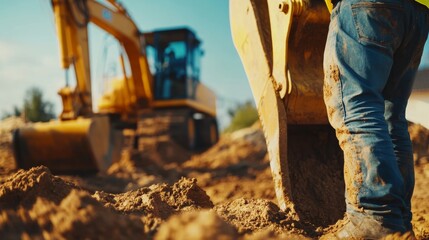 A construction worker operating a backhoe at a site. Featuring coordination and control
