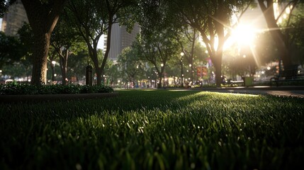 Sunny park scene with people walking, city in background