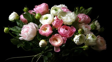 Vintage floral bouquet of pink peonies and white roses, an elegant botanical arrangement symbolizing timeless beauty.
