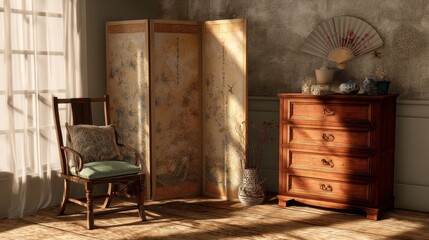 Interior of living room with wooden folding screen, chair and commode