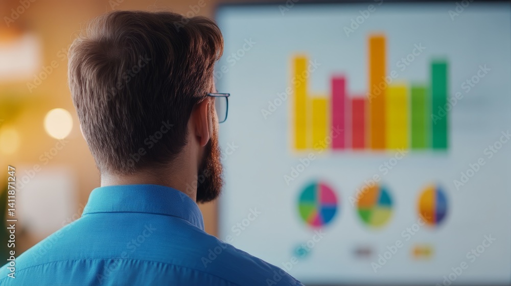 Poster data analyst reviewing colorful charts and graphs on a large screen in a modern office environment i