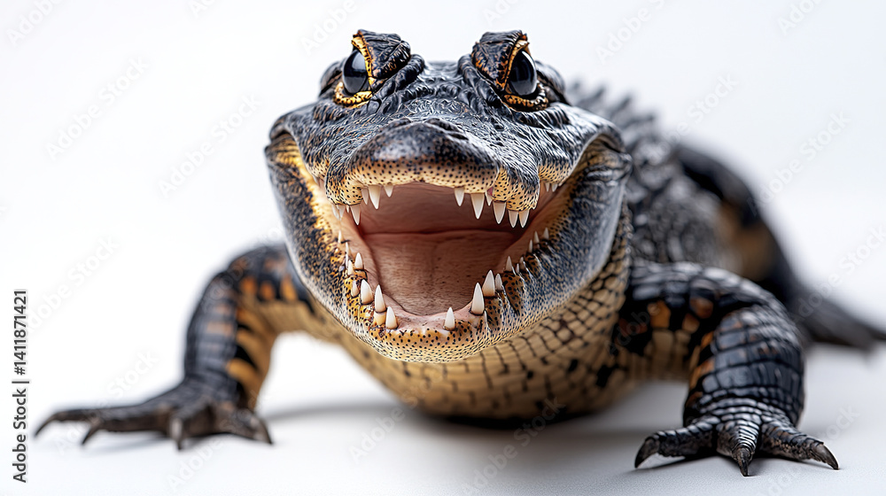Poster crocodile with open mouth showing sharp teeth on white background