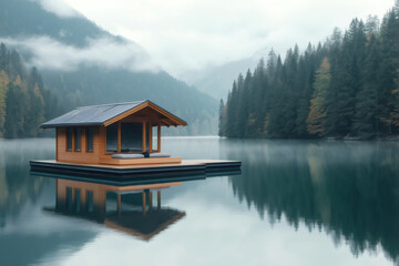Obraz premium Cozy wooden cabin floats serenely on a tranquil mountain lake, its reflection mirroring the surrounding misty peaks and evergreen forests