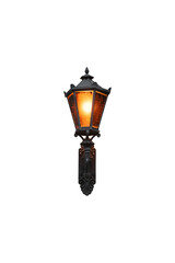 Vintage wall lantern with orange glow and ornate black metal frame is isolated. The cracked glass...