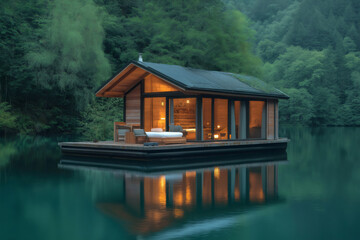 Fototapeta premium Cozy wooden floating house glowing with lights, reflecting beautifully in a tranquil mountain lake during a serene sunset