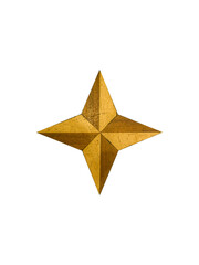 Wooden four-pointed star with a three-dimensional faceted design is isolated. The carved surface shows natural grain and texture of aged wood.