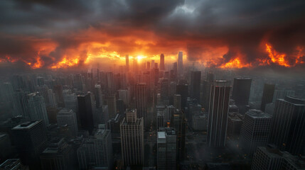Fototapeta premium Stunning urban skyline under dramatic sky with fiery clouds at sunset over modern city landscape