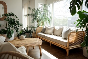 Cozy minimalist living room bamboo furniture neutral tones eco-friendly sunlit modern design  
