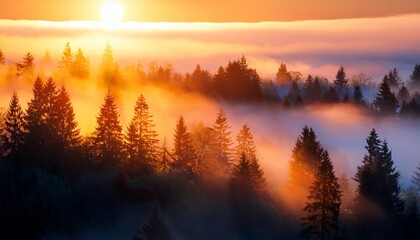 Obraz premium Misty and fogging landscape of forest, fiery orange sunset 