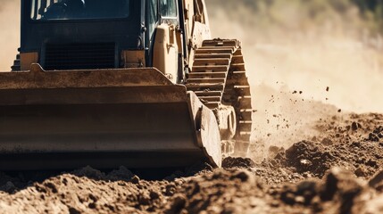 A construction worker operating a bulldozer to level the ground. Featuring power and precision