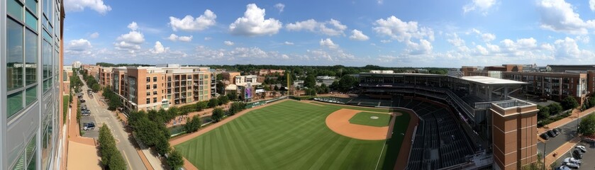 A view of the Durham Bulls Athletic Park, capturing its stadium and surrounding area - sunny sky stands South attraction