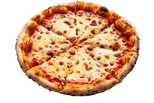 Pizza A round, sliced pizza with a bubbly crust, tomato sauce, and mozzarella cheese, evenly distributed on a transparent background