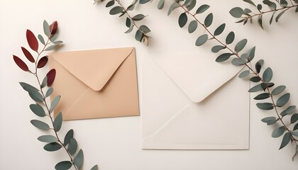 Top view of a white card mockup and envelope with a pen and eucalyptus on a white table.
