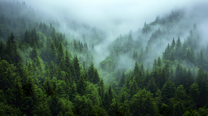 Lush green forest in mountains shrouded in fog creates serene atmosphere