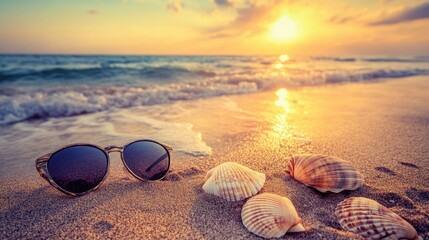 Vibrant sunglasses and seashells on sandy beach evoking a relaxing summer vibe perfect for sun protection products