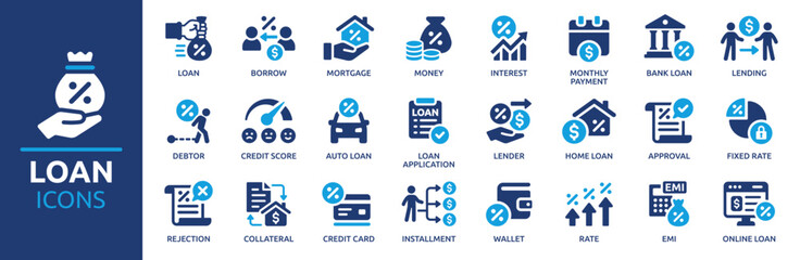 Loan icon set. Containing mortgage, borrow, interest, debtor, credit score, lender, installment, rate, lending and more. Solid vector icons collection.