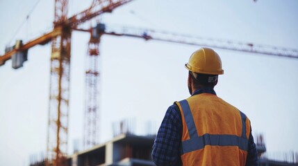 A construction worker operating a crane on a job site. Featuring skill and control