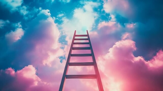 Ladder reaching towards the sky among pink and blue clouds, conceptual spiritual growth