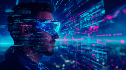 Technological Immersion: Person Wearing VR Headset in a Futuristic Data Stream