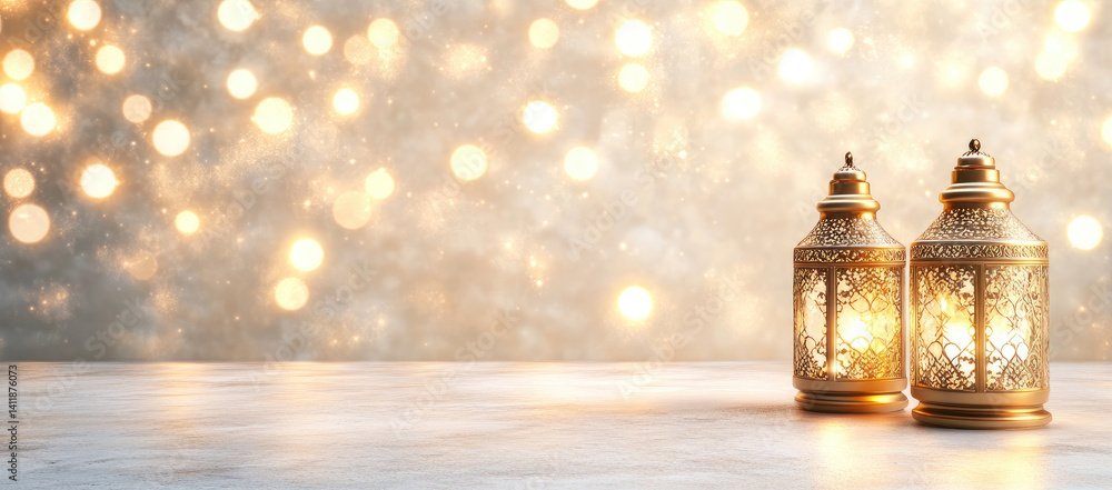 Poster golden lanterns with bokeh lights background