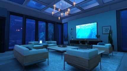 The interior of the home theater in a modern luxury home.