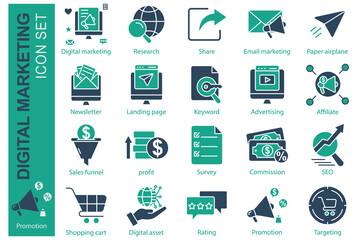 Digital marketing icon set. solid icon style. containing icon shopping cart, advertising, profit and more. business element vector illustration