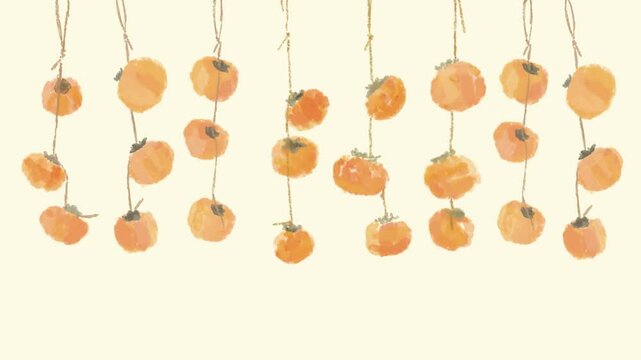 風に揺れる干し柿の水彩動画｜ノスタルジックな和の風景