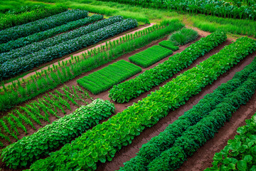 Green vegetable rows growing on organic farm with rich soil