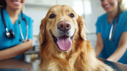 Happy Golden Retriever at Veterinary Clinic with Caring Staff