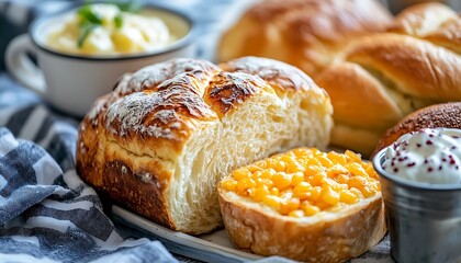 Breads, mashed potatoes, breakfast