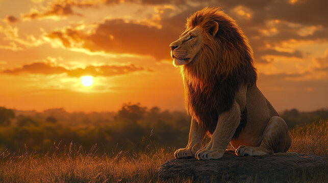 Majestic lion sitting on rock during golden sunset, serene and powerful