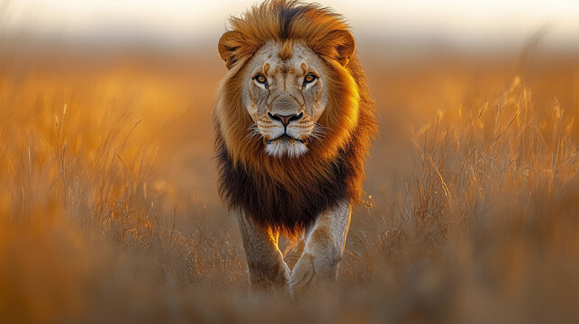 Majestic male lion walking directly toward camera in golden grassland