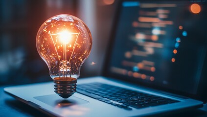 Illuminated Idea on a Laptop.  A glowing lightbulb sits atop a laptop computer, implying innovation and creativity in the digital workspace.  Warm tones highlight the creative process