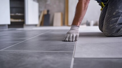 Tile installer smoothing grout lines. Indoor kitchen renovation site