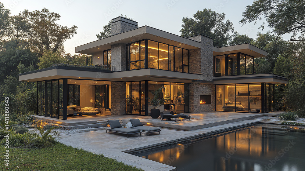 Poster modern home with large windows and pool, surrounded by trees
