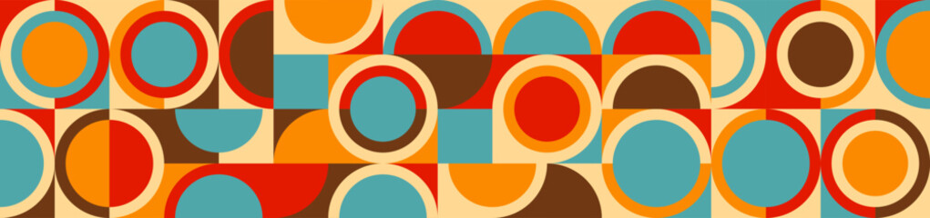  Seamless colorful geometric background in retro style of 60s and 70s, circles and squares in blue and orange. Abstract texture in trendy design.