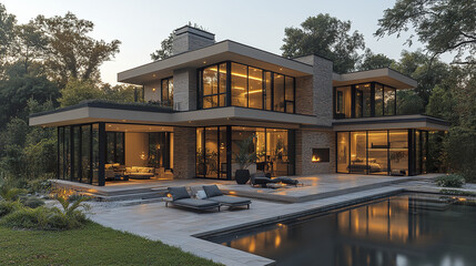 Fototapeta premium Modern home with large windows and pool, surrounded by trees