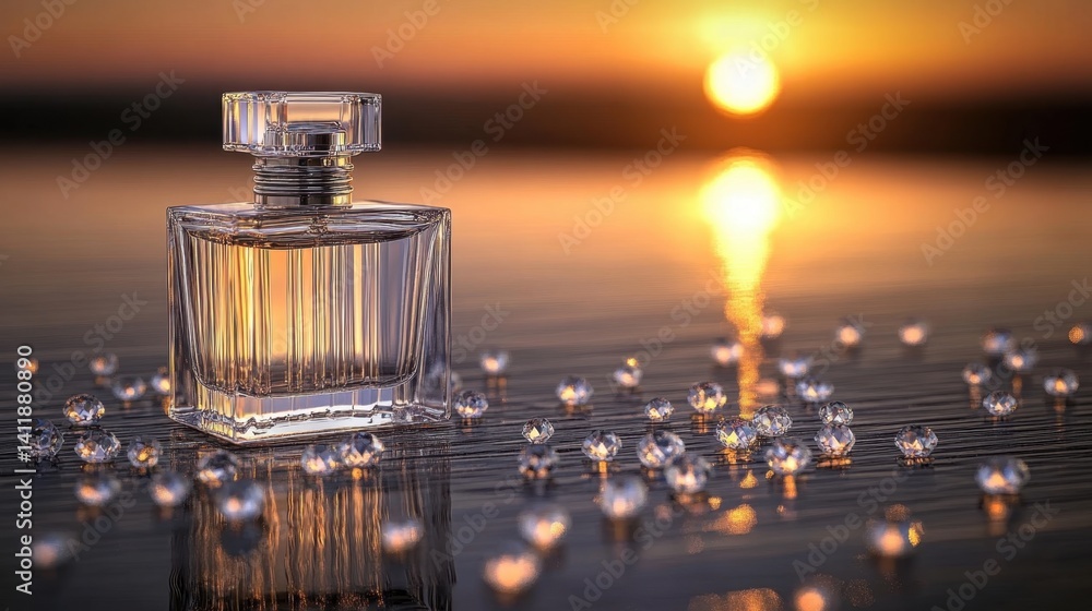 Aufkleber stylish luxury perfume bottle displayed on a table surrounded by sparkling gems and creating a glamo