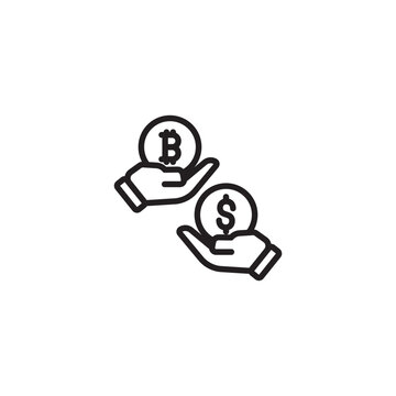 Two open hands each hold a coin, one with a Bitcoin symbol and the other with a dollar sign, representing cryptocurrency exchange or the choice between digital and traditional currency.