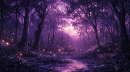 Purple Enchanted Forest at Twilight with Glowing Lights