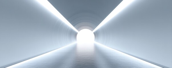 A long, illuminated tunnel leads to a bright, glowing exit, creating a sense of depth and perspective in a minimalistic, futuristic design.