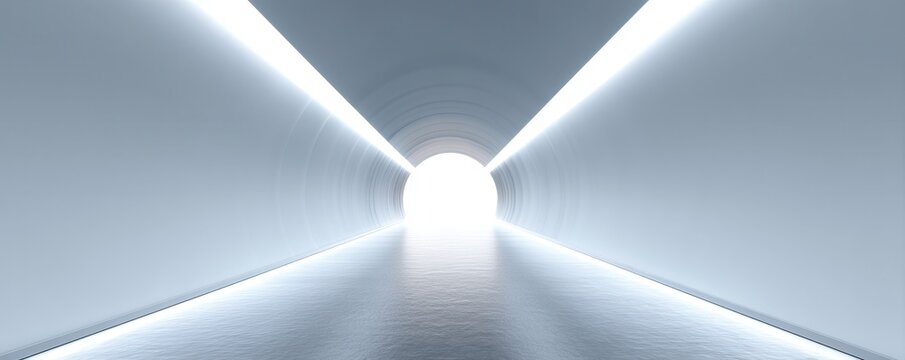 Fototapeta A long, illuminated tunnel leads to a bright, glowing exit, creating a sense of depth and perspective in a minimalistic, futuristic design.