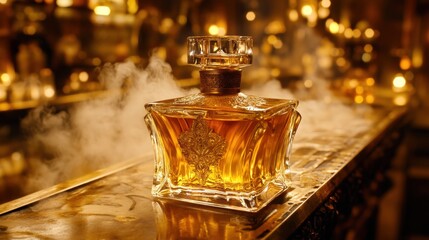 Elegant perfume bottle positioned on a table showcasing a classy design with distinctive features and luxurious appeal