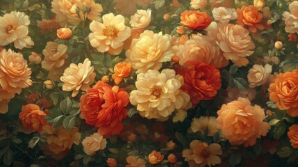 Fototapeta premium Orange And Yellow Roses In Full Bloom