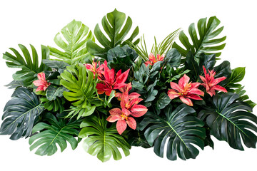 Lush green foliage and tropical red flowers create a vibrant botanical arrangement